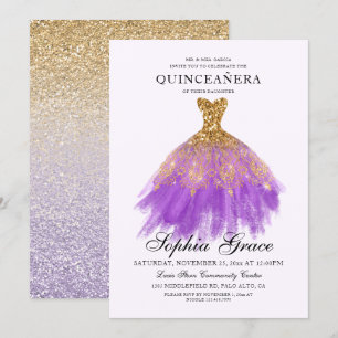 Elegant Mis Quince Purple Gold Glitter Quinceañera Invitation