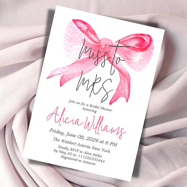Elegant Miss to MRS Ribbon Pink Bow Bridal Shower Invitation (Creator Uploaded)