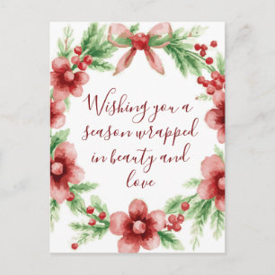 Elegant Mistletoe and Pink Flower Holiday Greeting Postcard