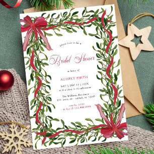 Elegant Mistletoe Red Bow Christmas Bridal Shower Invitation