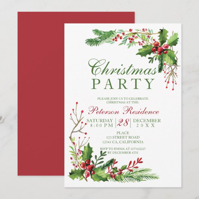 Elegant mistletoe watercolor red  green Christmas Invitation (Front/Back)