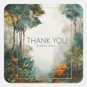 Elegant Misty Forest Trees Gold Frame Watercolor Square Sticker
