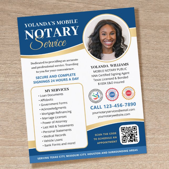 Elegant Mobile Notary Public QR Code Blue Editable Flyer (Creator Uploaded)
