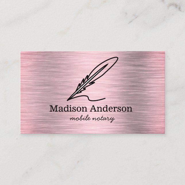 Elegant Mobile Notary Quill Gold Brushed Metal  Business Card (Front)