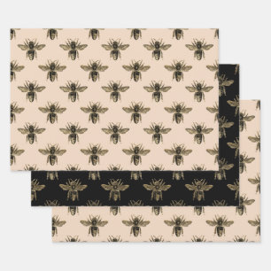 Elegant mocha black and golden bees  wrapping paper sheet