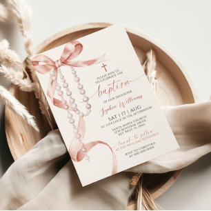 Elegant Mocha Bow & Rosary Baptism Invitation