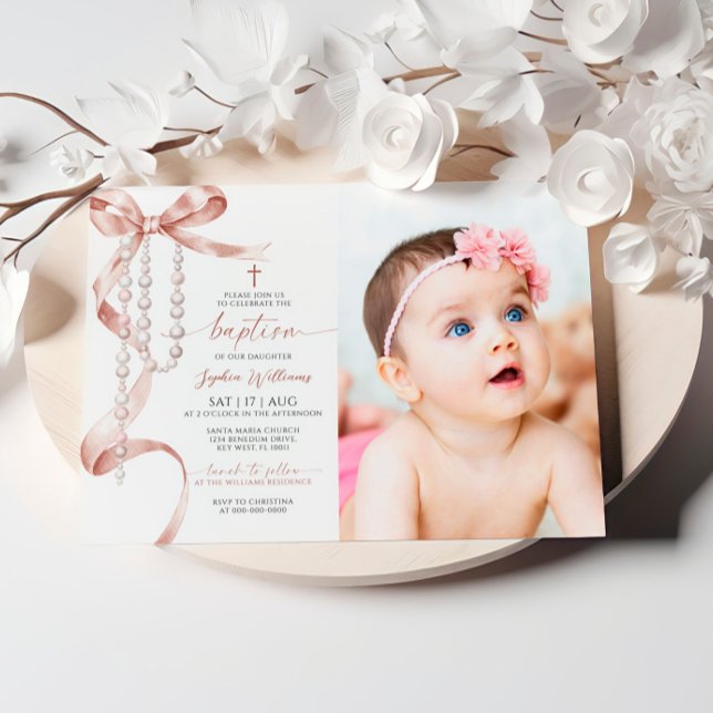 Elegant Mocha Bow & Rosary Photo Baptism Invitation (Creator Uploaded)