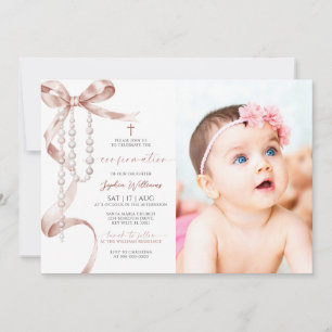 Elegant Mocha Bow & Rosary Photo Confirmation Invitation