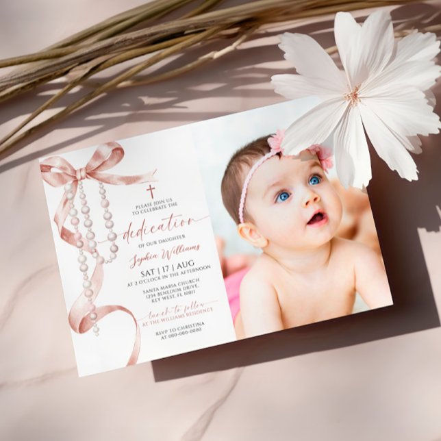 Elegant Mocha Bow & Rosary Photo Dedication Invitation (Creator Uploaded)
