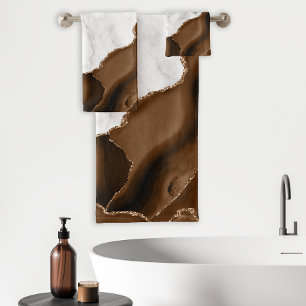 Elegant Mocha Brown Agate Gold Glitter Marble Bath Towel Set