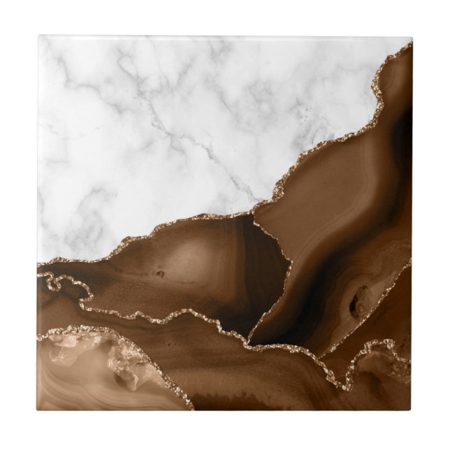 Elegant Mocha Brown Agate Gold Glitter Marble Tile (Front)