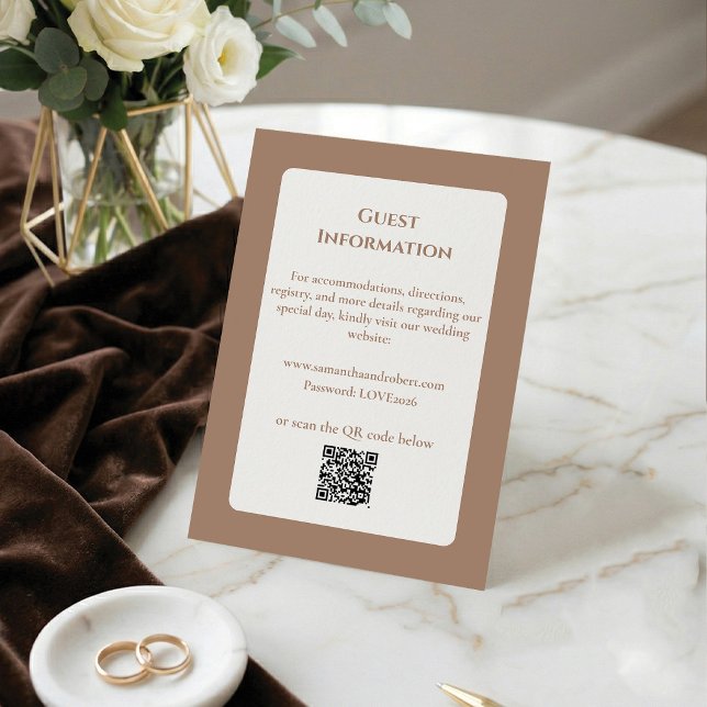 Elegant Mocha Floral Line Art QR Code Wedding Enclosure Card (Modern luxury made easy. 🥂 Just scan for all the VIP info!)