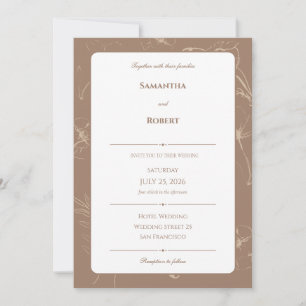 Elegant Mocha Floral Line Art Wedding Invitation