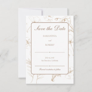 Elegant Mocha Floral Line Art Wedding Save The Date