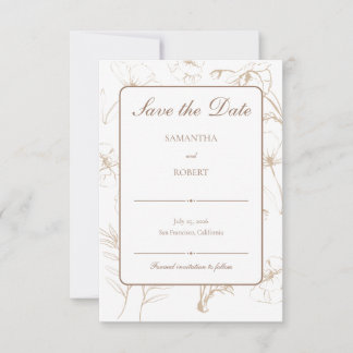Elegant Mocha Floral Line Art Wedding Save The Date