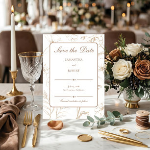 Elegant Mocha Floral Line Art Wedding Save The Date