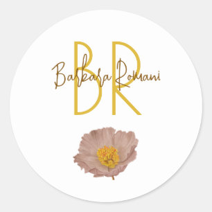 Elegant Mocha Poppy Floral custom name Classic Round Sticker