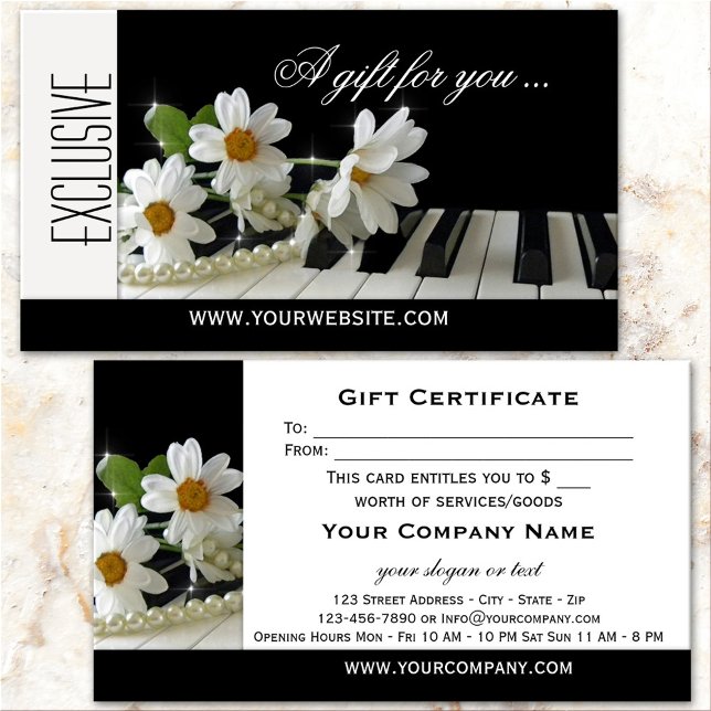 Élégant Modèle de certificat cadeau de musique de  (Elegant gift certificate business card featuring an image of flowers on a piano)