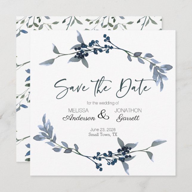 Élégant modèle Silver Green Floral Save The Date (Devant / Derrière)