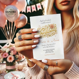 Elegant Modend Dahlias Golden Calligraphy Wedding Invitation