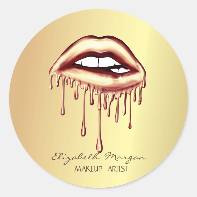 Elegant Moder Girly,Metallic Dripping Lips Gold Classic Round Sticker (Front)