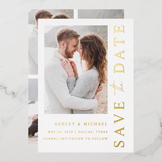 Elegant Modern 5 Photo Wedding Save the Date Gold (Front/Back)