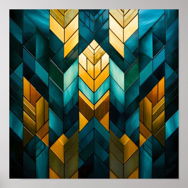Elegant Modern Abstract Gold Teal Geometric Poster (Front)