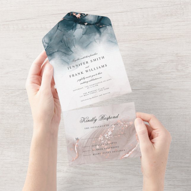 Elegant Modern Alcohol Ink Gold Blush Blue Minimal All In One Invitation (Tearaway)