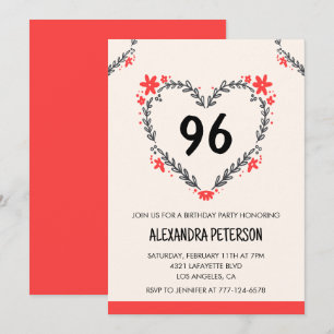 Elegant Modern Any age Floral Heart 96th birthday Invitation