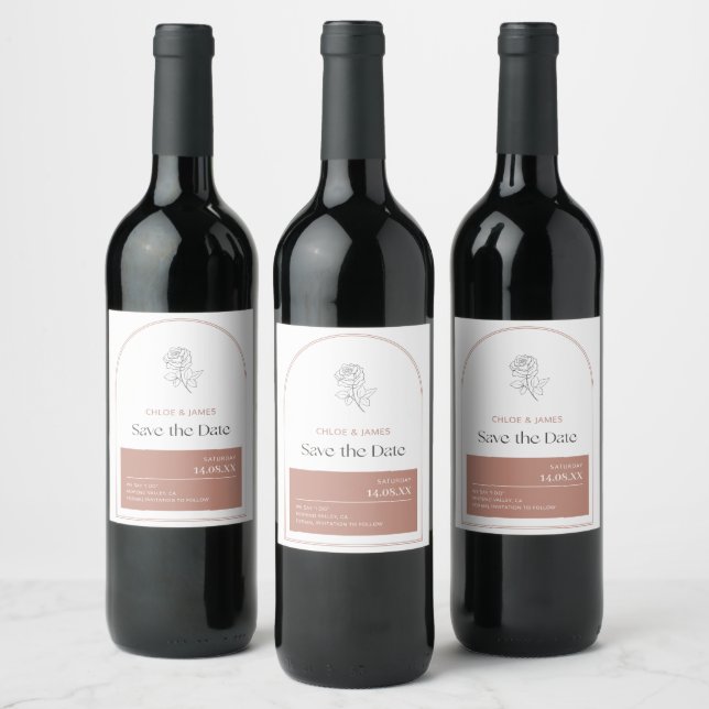 Elegant Modern Arch Blush Pink Romantic Rose Save  Wine Label (Bottles)