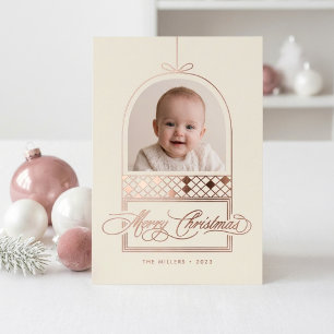 Elegant Modern Arch Bow Ornament Christmas Photo Foil Holiday Card