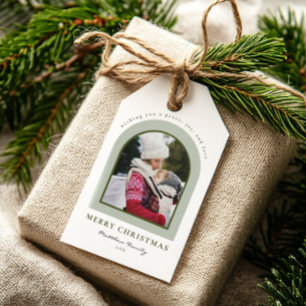 Elegant Modern Arch Family Photo Christmas Gift Tags