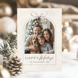 Elegant Modern Arch Family Photo Simple Bow Happy Holiday Card