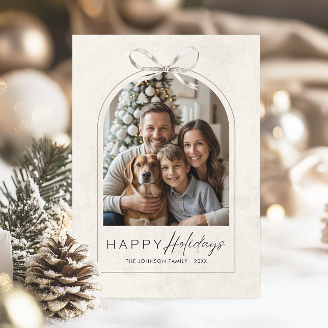 Elegant Modern Arch Family Photo Simple Bow Happy Holiday Card (Modern boho arch family photo christmas card. Minimal yet elegant for sharing the holiday love)