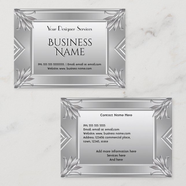 Elegant Modern Art Deco Faux Silver Metal Chrome Business Card (Front/Back)