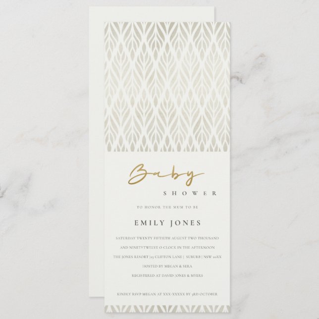ELEGANT MODERN ART DECO WHITE SILVER BABY SHOWER INVITATION (Front/Back)
