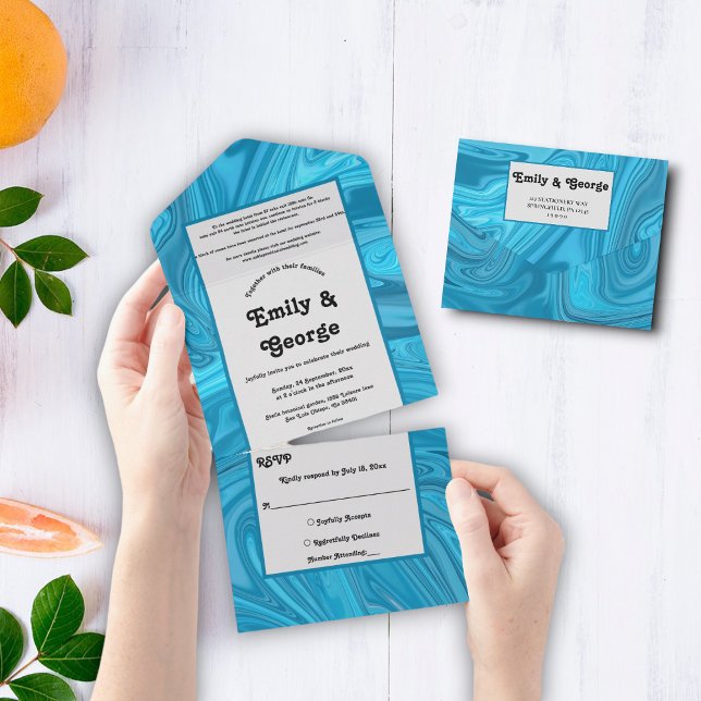 Elegant Modern Artistic Blue Abstract Wave Wedding All In One Invitation (Creator Uploaded)