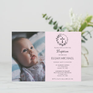 Elegant Modern Baby Pink Baptism Invitation
