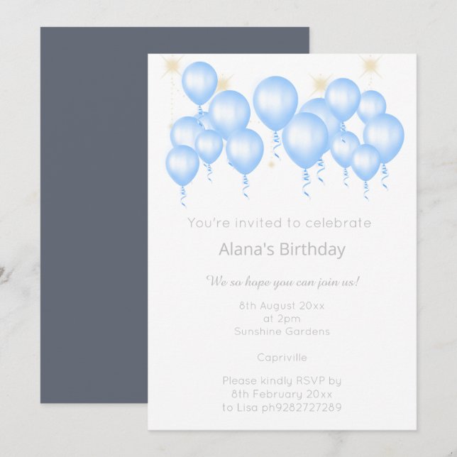 ELEGANT MODERN BALLOON NAVY BLUE BIRTHDAY INVITATION (Front/Back)