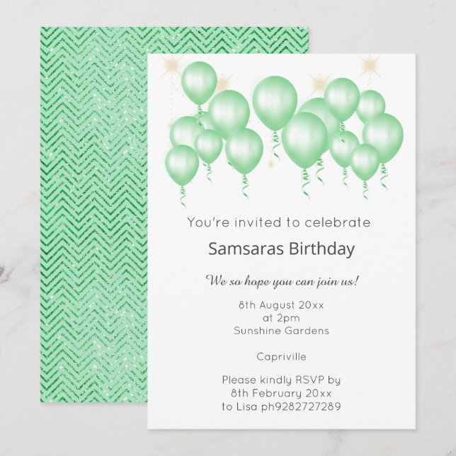 ELEGANT MODERN BALLOON SAGE GREEN CHEVRON BIRTHDAY INVITATION (Front/Back)