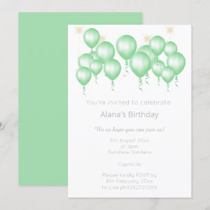 ELEGANT MODERN BALLOON SAGE GREEN WHITE BIRTHDAY INVITATION