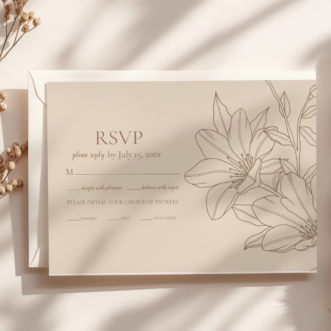 Elegant Modern Beige Lineart Floral Wedding RSVP Card (Creator Uploaded)