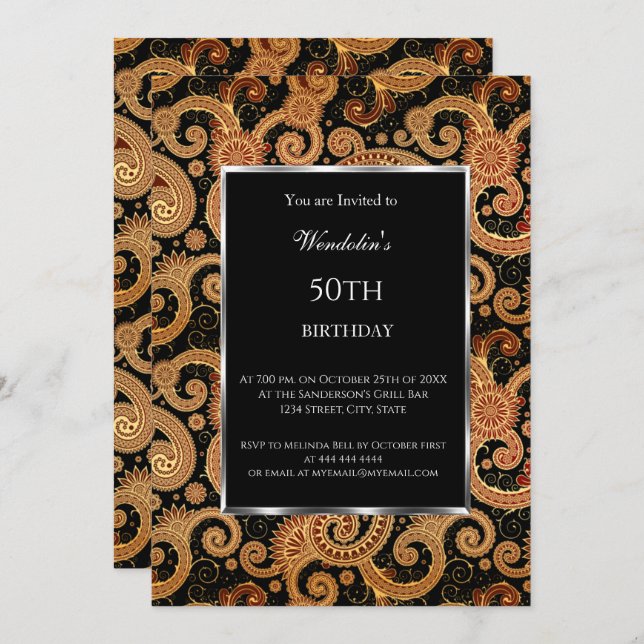Elegant Modern Birthday Party Paisley  Invitation (Front/Back)