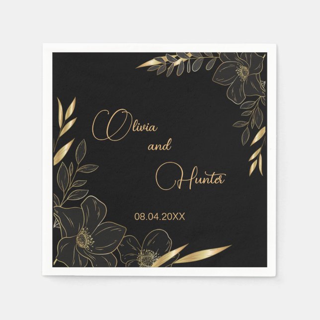 Elegant Modern Black and Gold Floral wedding  Napkin (Front)
