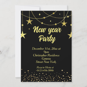 Elegant Modern Black and Gold New year Eve  Invitation
