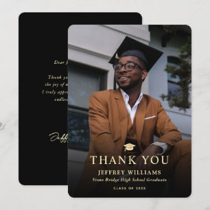 Elegant Modern Black and Gold Photo Graduation Thank You Card