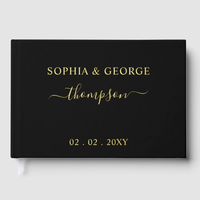 Elegant Modern Black and Gold Wedding Guest Book (Front)