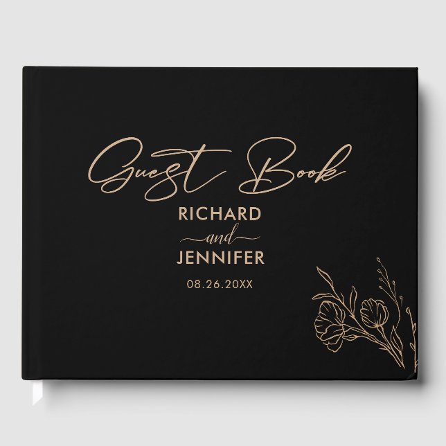 Elegant & Modern Black And Gold Wedding Guest Book (Front)