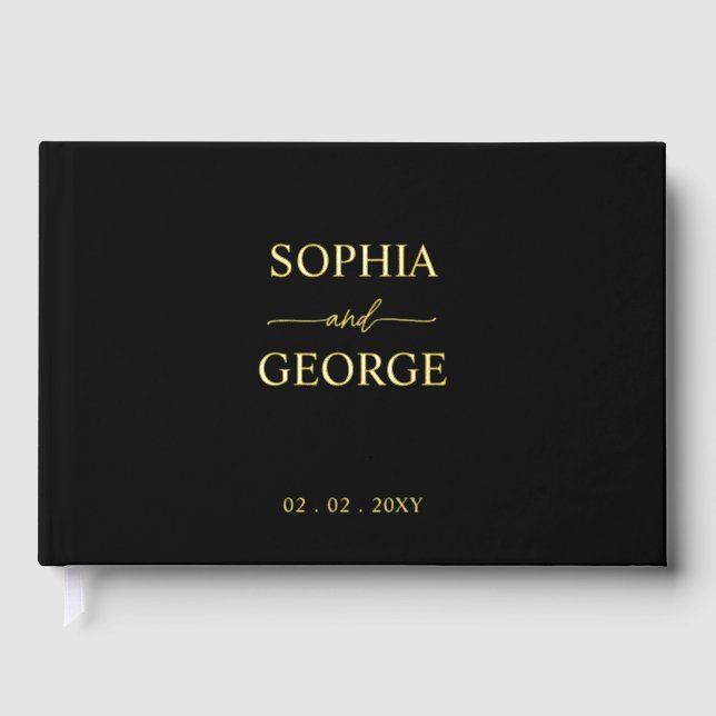 Elegant Modern Black and Gold Wedding Guest Book (Front)