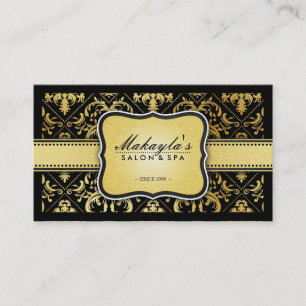 Elegant Modern Black and Metallic Gold Damask Business Card